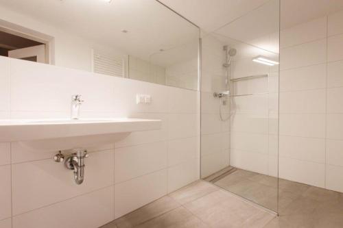 萨尔布吕肯Bliesransbacher 8的白色的浴室设有水槽和淋浴。