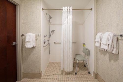 温莎洛克斯布拉德利机场快捷假日&套房酒店的带淋浴帘和椅子的浴室