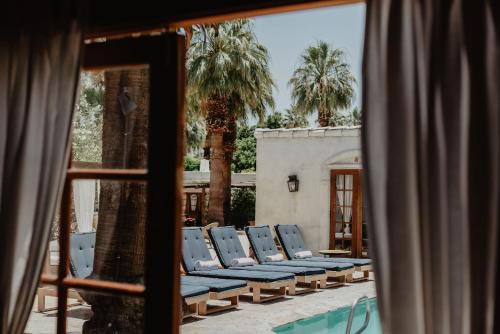 棕榈泉考卡酒店的棕榈树庭院里的一排椅子