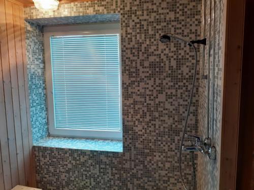 库雷萨雷Tuule Villa的带淋浴的浴室,配有窗户和窗户