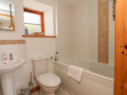 大托灵顿Lundy View Cottage的浴室配有卫生间、浴缸和水槽。