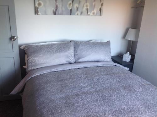 特伦托河上的纽瓦克BED AT BOWBRIDGE, Centre town的卧室配有一张带灰色床单和枕头的床。