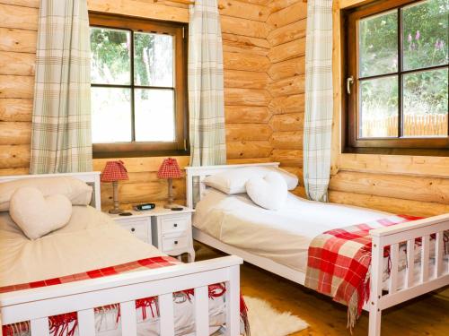 ShelveWilderness Lodge的小木屋卧室设有2张床和窗户。