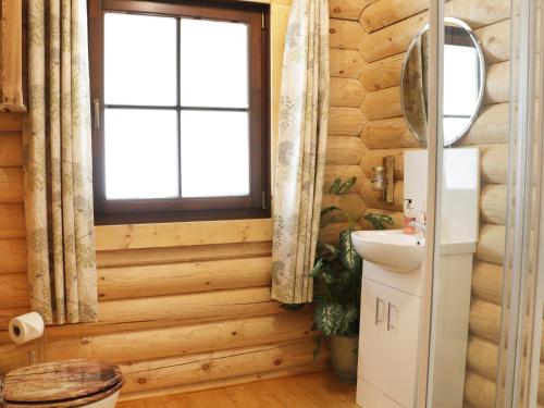 ShelveWilderness Lodge的一间带木墙、窗户和水槽的浴室