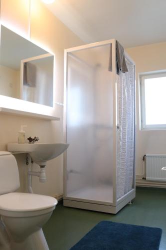舍夫德RS Lägenhetshotell Skövde的带淋浴、卫生间和盥洗盆的浴室