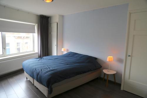 弗利辛恩Beach Appartement的一间卧室设有蓝色的床和窗户。