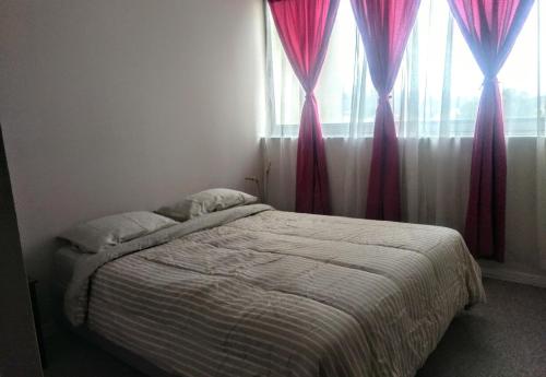 维纳德马Viña del mar descanso y entretención的一间卧室配有一张带粉红色窗帘的床和窗户。