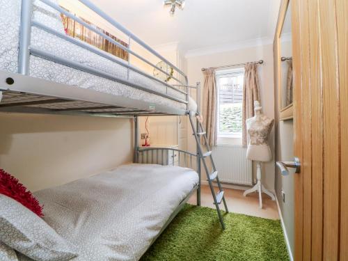 托波因特Lodge 22的一间卧室设有两张双层床,铺有绿色地毯。