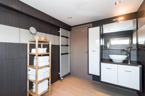 布鲁日Duplex appertement met zicht Damse vaart @ Brugge的浴室设有水槽和带毛巾的架子。
