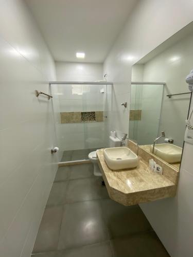 安格拉杜斯雷斯Palace Hotel的一间带水槽、卫生间和淋浴的浴室