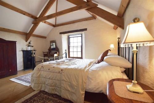 GoodwickPanteurig Farmhouse的一间卧室配有一张大床和一张带台灯的桌子