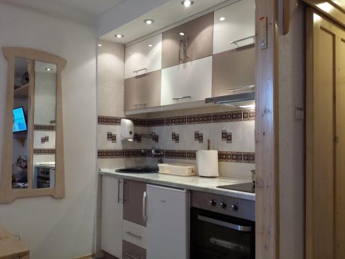 科帕奥尼克apartman na stazi的厨房配有白色橱柜和水槽