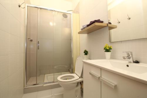 马略卡岛帕尔马Comfortable apartment with character in the old town的带淋浴、卫生间和盥洗盆的浴室