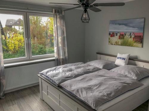 Accumersiel168 Salzwiese Ferienwohnung的一间卧室配有一张带风扇和窗户的床。