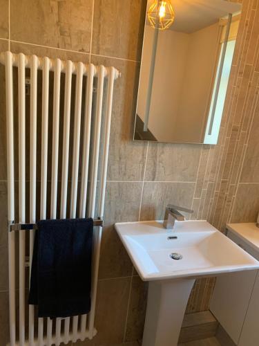 哈利法克斯St George’s Lodge的一间带水槽、镜子和散热器的浴室