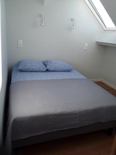 勒克罗图瓦La Caravelle en Baie的窗户间内的一张带蓝色枕头的床