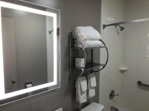 路易斯威尔DuPont Suites - Louisville - St. Matthews的浴室设有镜子、水槽和毛巾