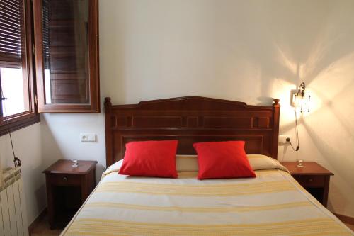 卡皮雷拉Apartamentos Rurales Rosendo: La Orquídea的一间卧室配有一张带两个红色枕头的床
