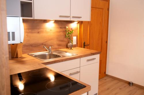 哈尔施塔特Apartments Marie A的厨房配有白色橱柜和水槽