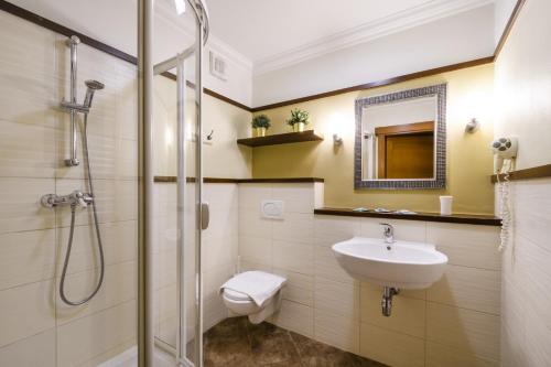 华沙巴雷托瓦大街美国之家酒店的浴室配有盥洗盆、卫生间和淋浴。