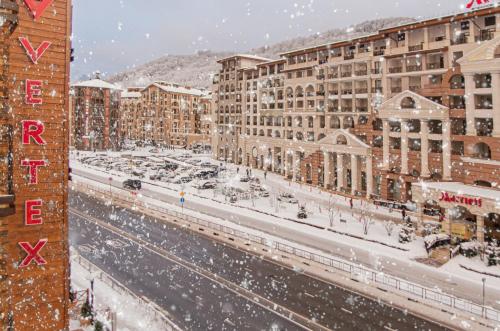 埃斯托萨多克VERTEX SPA hotel的一座被雪覆盖的城市,有建筑和街道