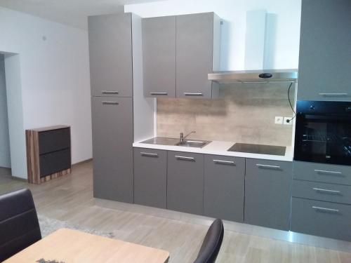 波雷奇House apartments Ariamare的厨房配有灰色橱柜和水槽