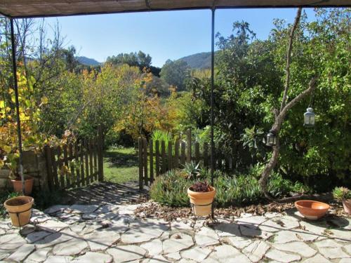 科尔特斯德拉夫龙特拉Casita la Luna Rosa的种有盆栽植物和围栏的花园