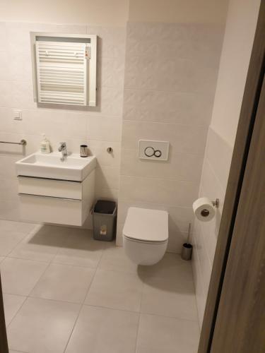 尤斯托尼莫斯基Sianożęty Pięć Mórz B5的白色的浴室设有水槽和卫生间。