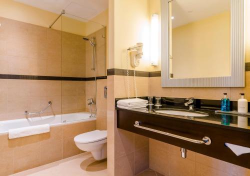 华沙波洛尼亚宫大酒店的一间带水槽、卫生间和镜子的浴室