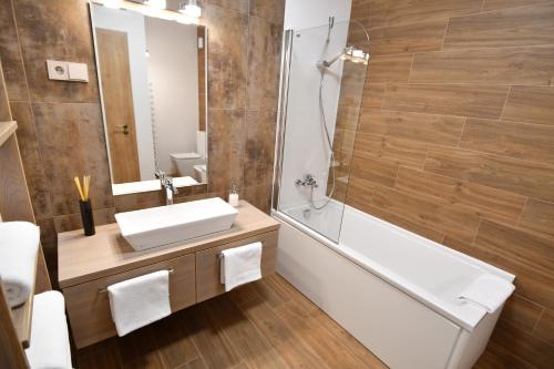 布达佩斯Tweed house的一间带水槽、浴缸和镜子的浴室