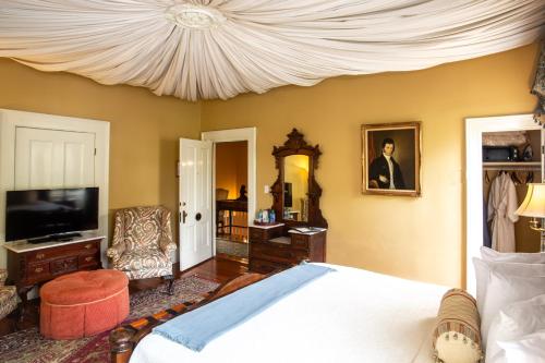 萨凡纳Eliza Thompson House, Historic Inns of Savannah Collection的一间卧室配有一张床和一个吊灯