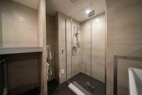 皇后镇Mara Apartment @ the base of Coronet Peak的带淋浴的浴室和玻璃门