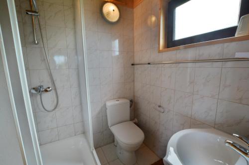科沃布热格Ferienhaus Franziska的浴室配有卫生间、淋浴和盥洗盆。