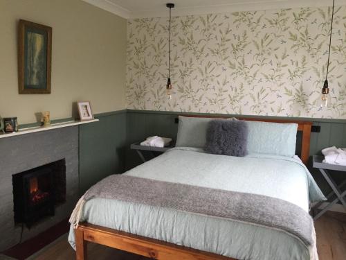 EvandalePeg Cottage的一间卧室配有一张床和一个壁炉