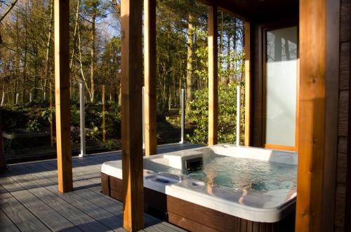 约克Hollicarrs - Honeycomb Lodge的一个带窗户的房子里的一个按摩浴缸