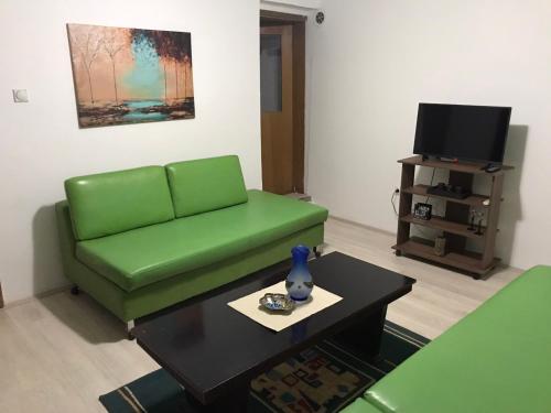 韦莱斯Lydia Center Apartment的客厅配有绿色沙发和桌子