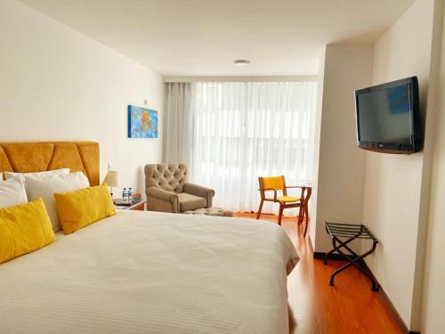 马尼萨莱斯Pop Art Hotel Manizales Centro Histórico的配有一张床和一台平面电视的酒店客房