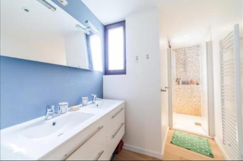 雷日卡普费雷Appartement cosy village de L'Herbe的浴室配有白色水槽和淋浴。