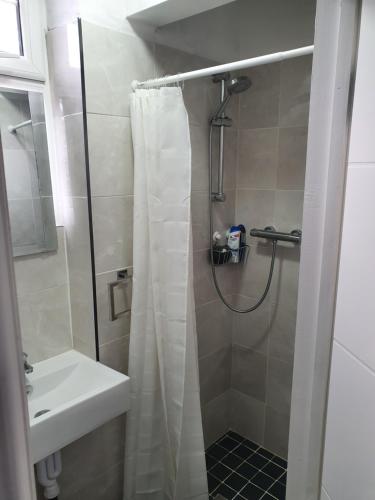 贝里Beautiful Rooms的浴室配有淋浴帘和盥洗盆。