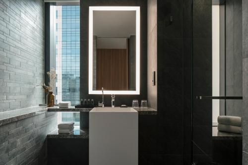 新加坡The Clan Hotel Singapore by Far East Hospitality的一间带水槽和镜子的浴室