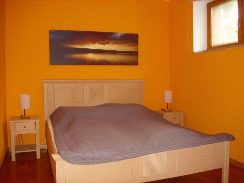 文迪施里茨Fewoamglubigsee的一间卧室配有一张床和两个带灯的床头柜