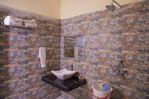 KhilchīpurJungle View Resort Ranthambhore的浴室设有砖墙和卫生间