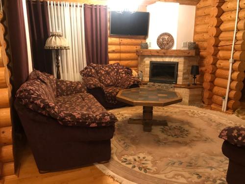 布克维Cottage PolyaNitsa окремий котедж з каміном的客厅配有两把椅子和壁炉
