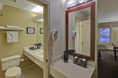 班戈商场乡村酒店的一间带卫生间、水槽和镜子的浴室