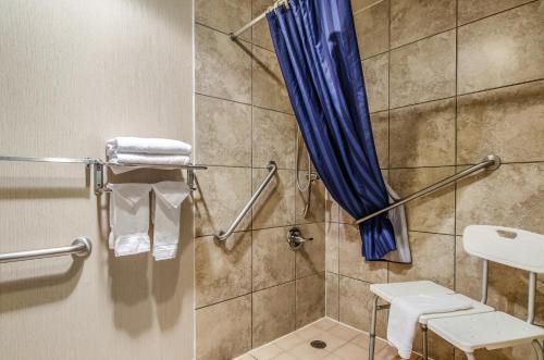 柯林斯堡Americas Best Value Inn & Suites Ft Collins E at I-25的一间带蓝色淋浴帘的淋浴的浴室