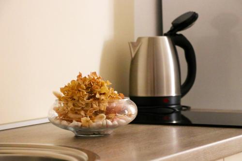 斯克拉丁Apartman Ana的咖啡壶旁的柜台上放了一碗爆米花