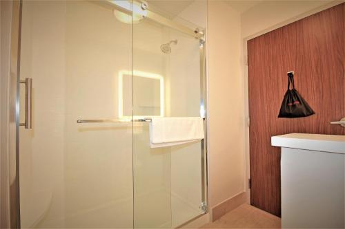 奥卡拉Holiday Inn Express & Suites Ocala, an IHG Hotel的浴室里设有玻璃门淋浴