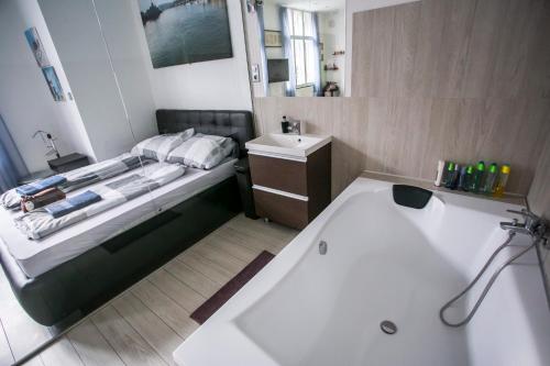 布达佩斯城堡阳光一室公寓的带浴缸、床和盥洗盆的浴室
