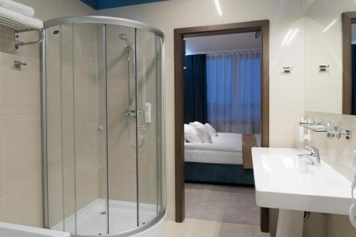波伊兹Hotel Moran & SPA的带淋浴和盥洗盆的浴室以及1张床。
