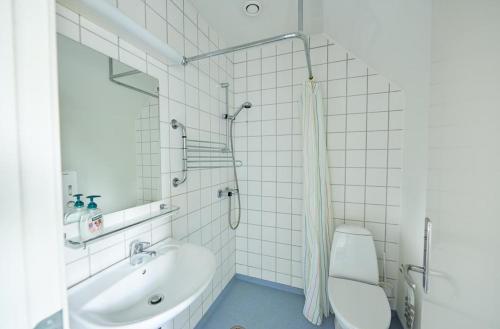 欧登塞欧登塞市丹恩旅馆的白色的浴室设有水槽和卫生间。